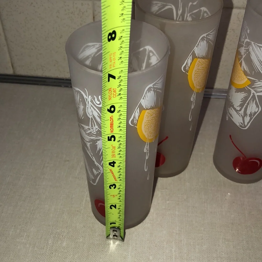 VINTAGE TOM COLLINS FROSTED SLIM TALL LEMON & CHERRY SET‎ OF 4 GLASSES